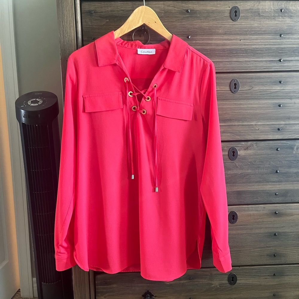 Calvin Klein Coral Long Sleeve Tie Front Tunic